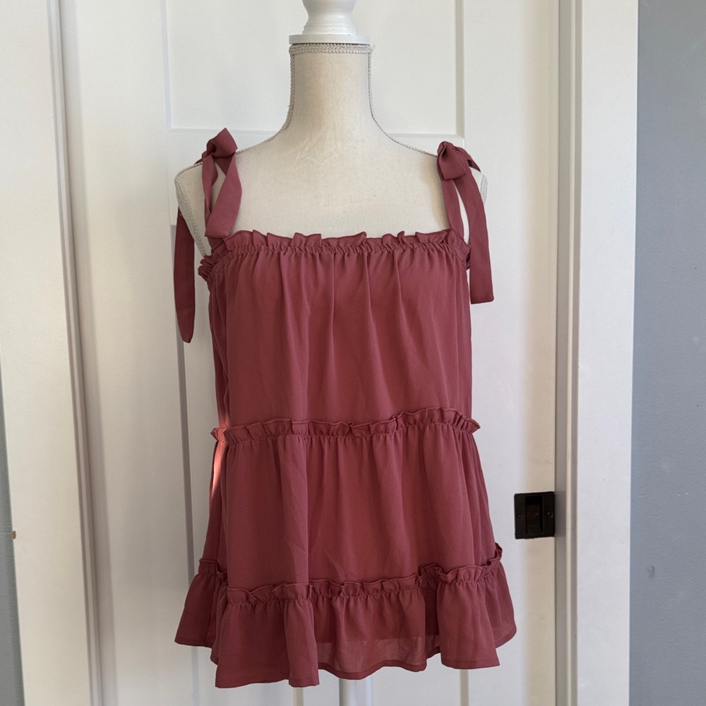 Cozy Casual Mauve Ruffle Blouse with Tie Straps